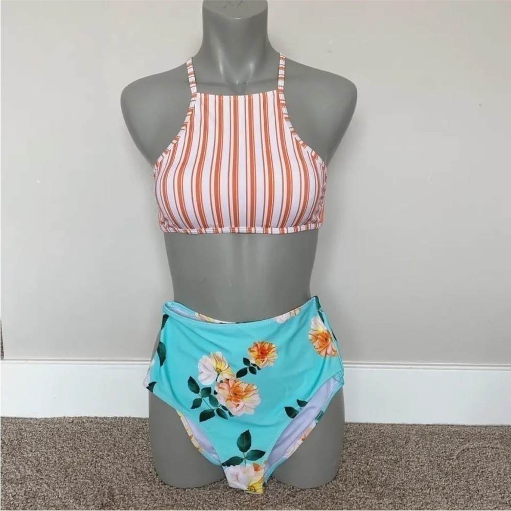 SEASELFIE Womens High Waisted Bikini Set Orange Stripe/Floral Size XS